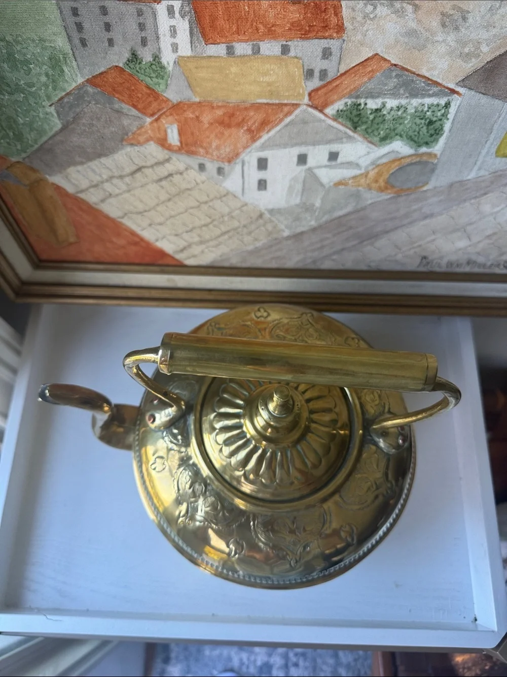 Decorative Gold Brass Kettle with Embossed Detail